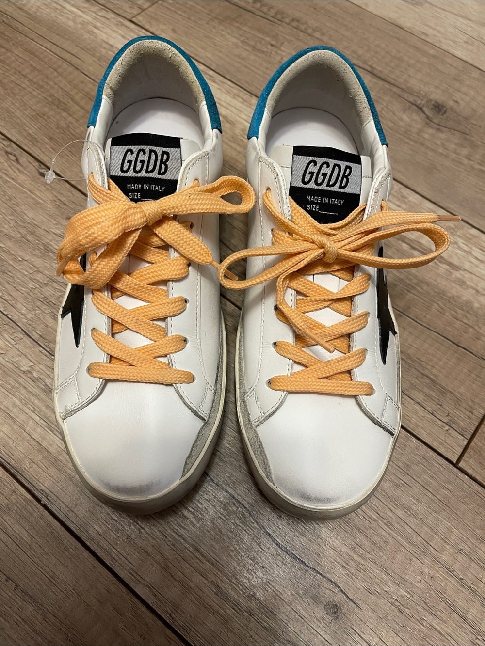 Golden Goose White Sneakers with Teal Heel and Yellow Laces - Super-Star size 37
